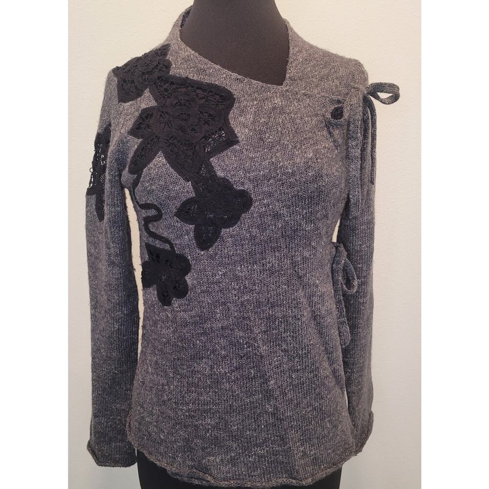 Anthropologie Gray Lace Panel Sweater M Soft Goth Cottagecore Romantic